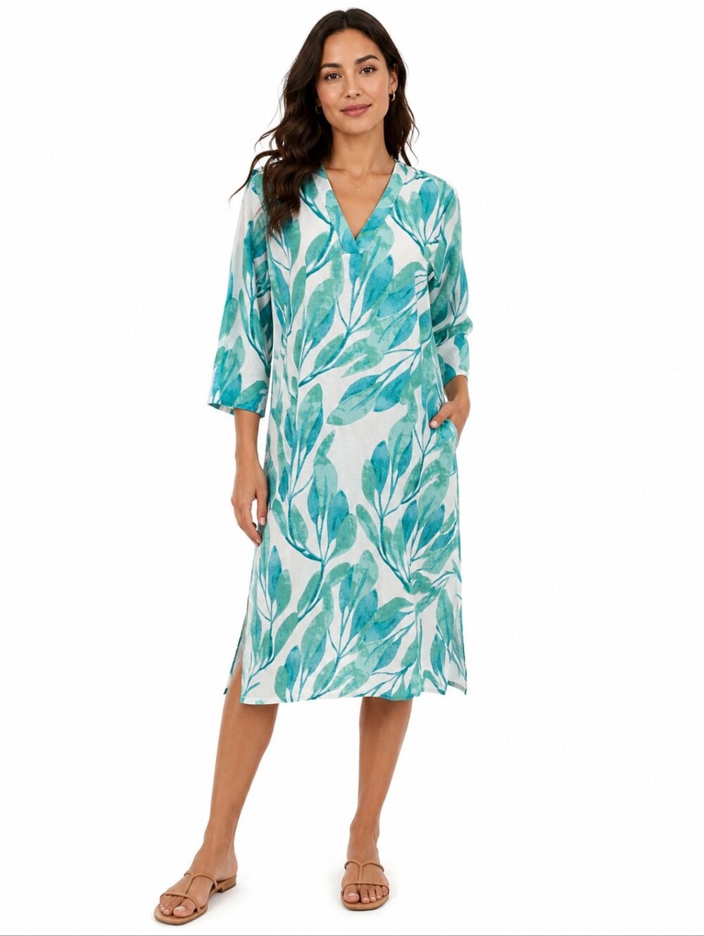 Utsa Tunic Dress S Teal White 100% Cotton Botanical Leaf Kurta Side Slits